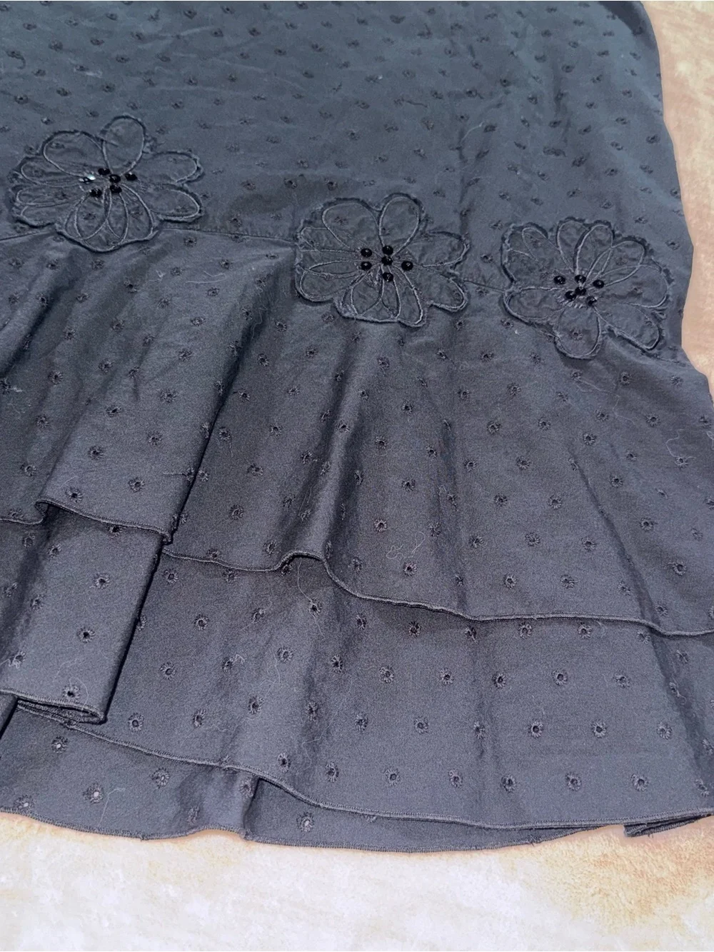Koret Black A-Line Skirt with Floral Appliqués and Tiered Ruffle Hem
